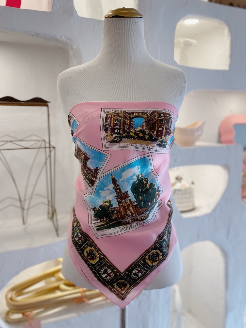 Vintage Large Square Milan Italy Souvenir Pink Scarf with Tourist Attractions